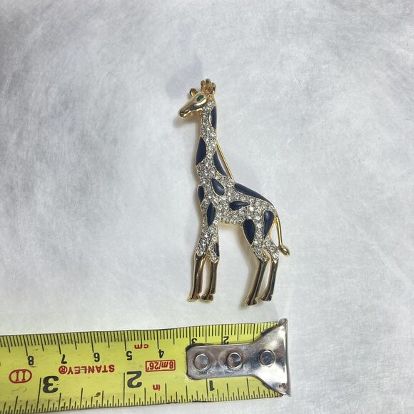 Vintage Gold Tone Giraffe Brooch with White Rhinestones and Black Enamel - Picture 4 of 6